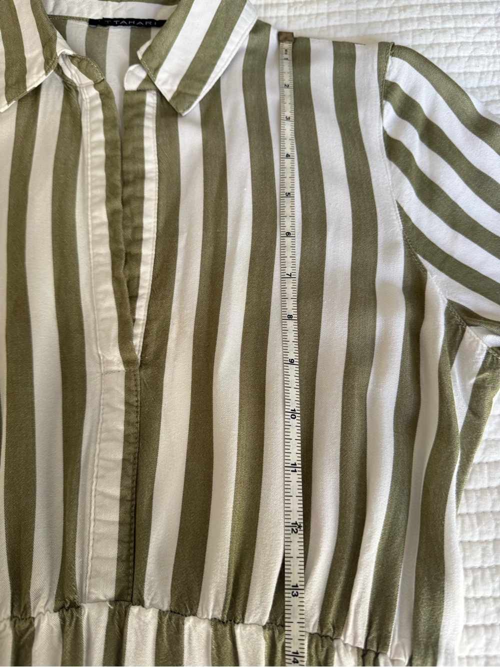 T Tahari Olive and White Stripped Belted Shirtdress - Picture 9 of 12